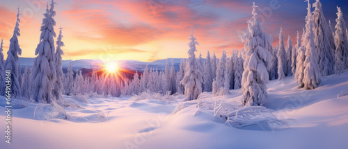 Winter landscape at sunset with snow capped fir trees. Sun rays above remote mountains. Beautiful clouds on sky. Panoramic view. © SergeyIT
