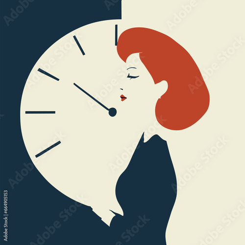 Woman with clock ticking. Deadline, anxiety, countdown.