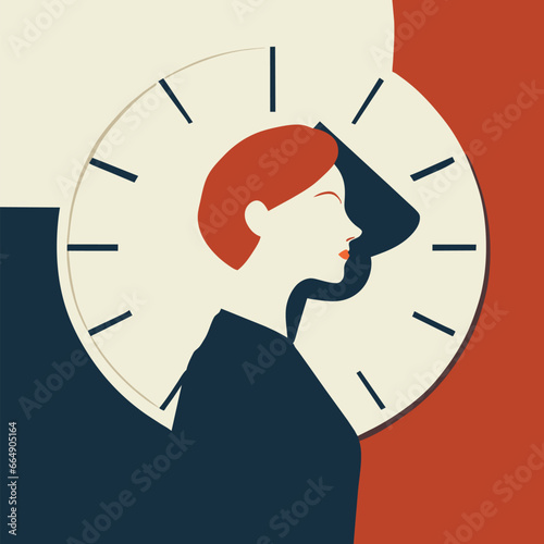 Woman with clock ticking. Deadline, anxiety, countdown.
