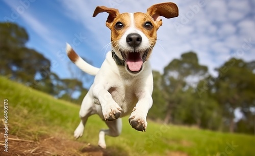 Jack Russel Parson Dog Run Toward The Camera Low Angle High Speed Shot.
