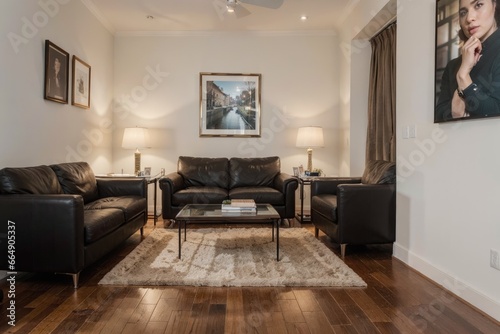  luxury livingroom interior design mockup with black leather furniture and picture frame in a wall.