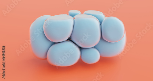 Blue inflatable balloons, abstract illustration of flattened bubbles on orange, 3d rendering