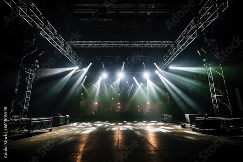 unlit stage lights pointing towards an empty performance area © altitudevisual