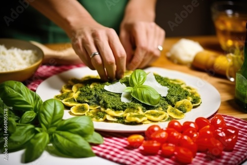 hand placing thin slices of fresh basil atop tortellini and tomato sauce