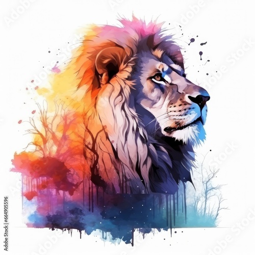 Watercolor Lion on a white background. For T-shirt Design.