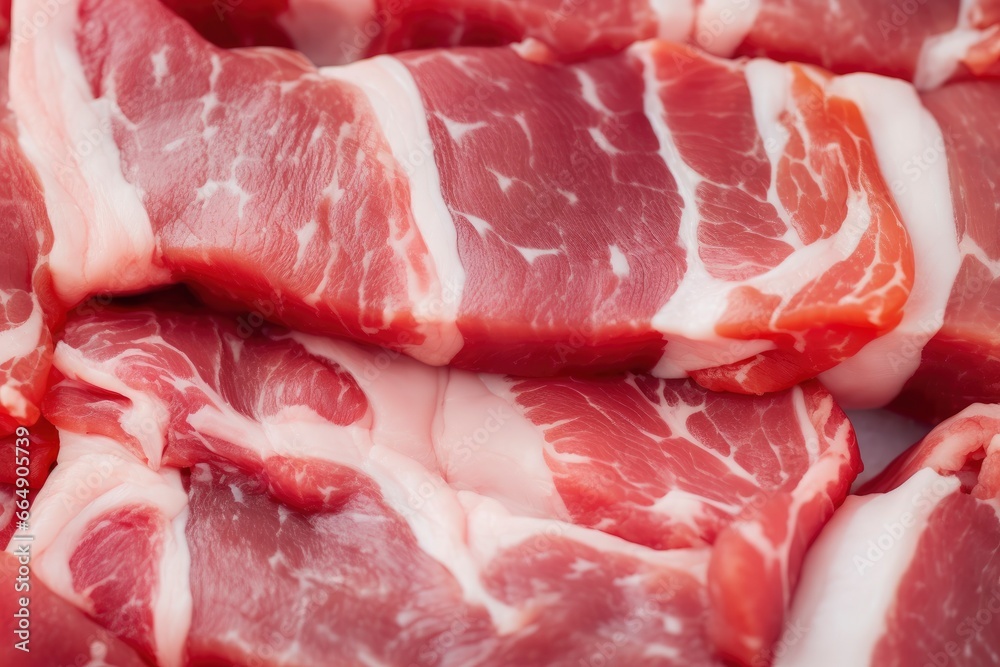 Macro shot of pork meat. Meat textured background. Beef steak is raw and juicy.