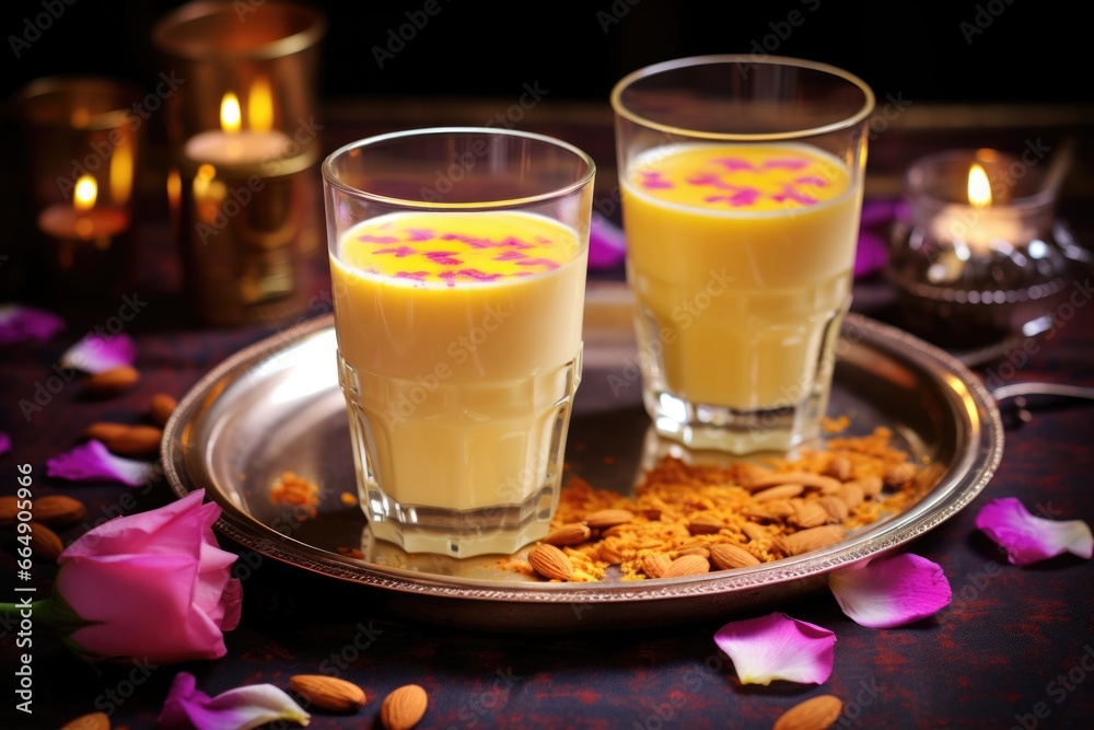 kesar milk served on a decorated table with festival candles