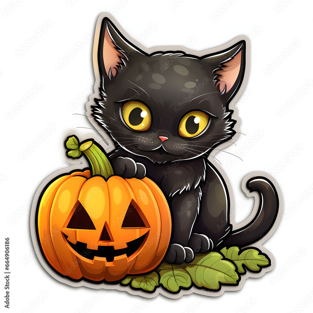 Black cat sticker with jack-o-lantern pumpkin, Halloween image on a white isolated background.