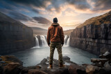 a man standing in front of a waterfall overlooking iceland, happycore style, photorealistic landscapes, havencore, forced perspective, furaffinity