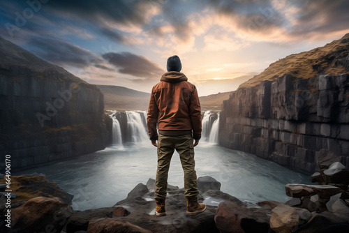 a man standing in front of a waterfall overlooking iceland, happycore style, photorealistic landscapes, havencore, forced perspective, furaffinity