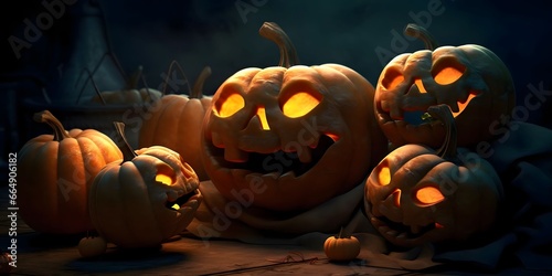 Glowing pumpkin eyes on dark background dark banner, a Halloween image.