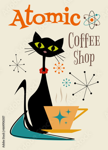 Atomic Black Cat With Coffee Cup In Retro Style Kitchen Wall Art Decor Poster Mid Century Modern MCM Coffee Print Cute Funny Cat Vintage Coffee Shop Bar Sign Old Fashioned Vector Coffee Corner Station