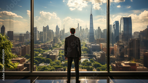 Businessman in office, overlooking cityscape through window