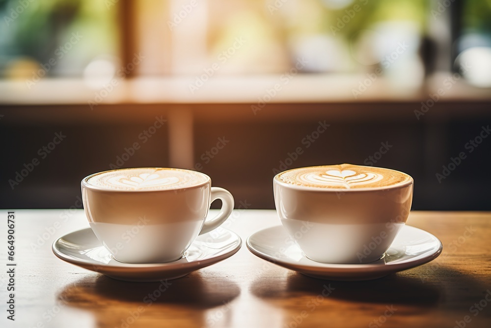 Close-up of two cappuccino cups standing on wooden table in coffee shop. Close-up of two cappuccino cups standing on wooden table in coffee shop.