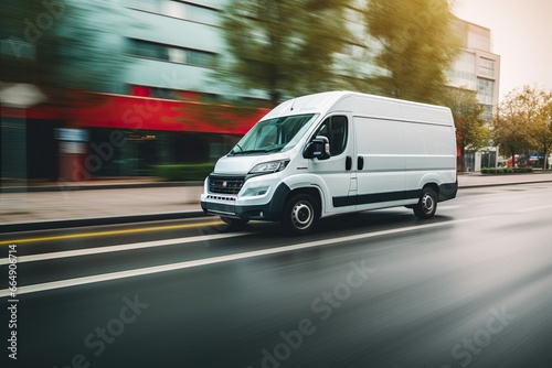 A white delivery van drives on the road during the day.