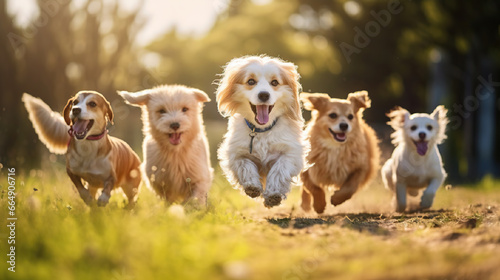 Happy dogs running on the green field. Group of fluffy dogs running towards, sunny summer day