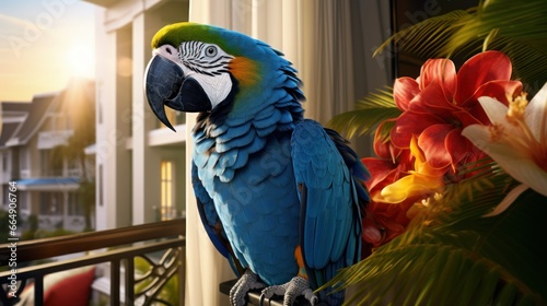 A beautiful feathered blue macaw lives in a luxurious house.