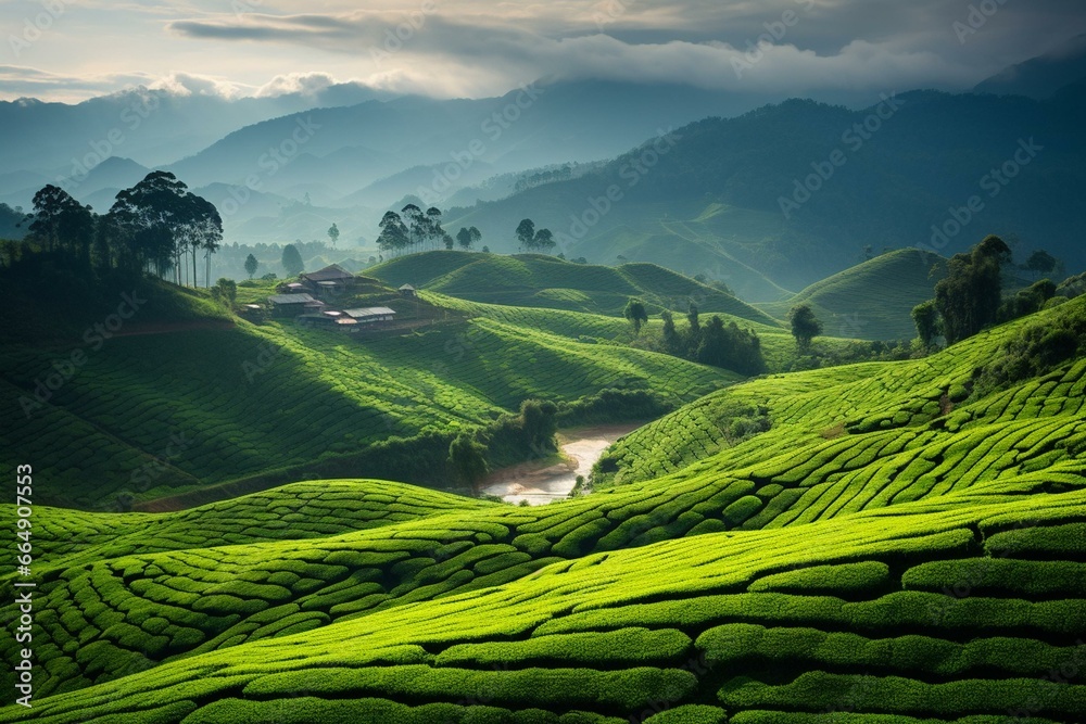 Scenic view of lush tea plantation. Generative AI