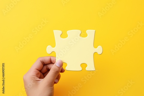 Business concept holding a jigsaw puzzle on a pastel pink background