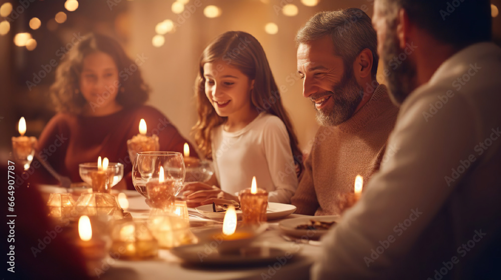 Family at the table with a lot of candles on the table. People in the restaurant celebrating. Young girl smiling Family at the table with a lot of candles on the table. People in the restaurant celebrating. Young girl smiling