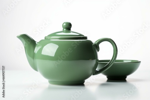 A green tea teapot and cup set on a plain white background. Generative AI