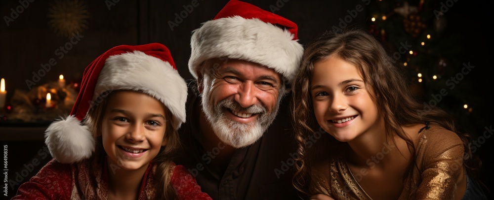 Happy family at Christmas table, father and daughters wearing Santa Claus hat