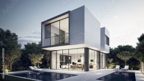 a rendering of a modern house with a pool and a patio