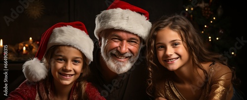 Happy family at Christmas table, father and daughters wearing Santa Claus hat