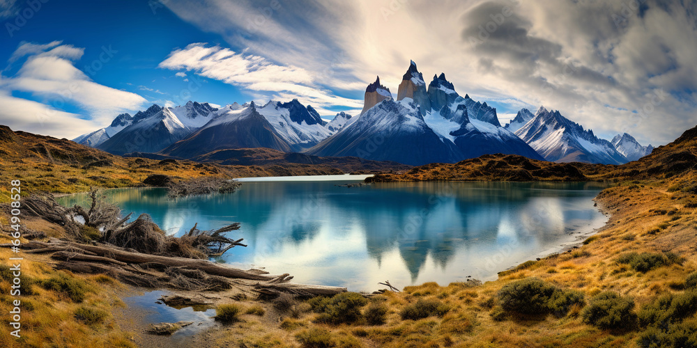 Mountainous terrain of Patagonia, rugged peaks, azure lakes, wispy clouds, breathtaking clarity and detail