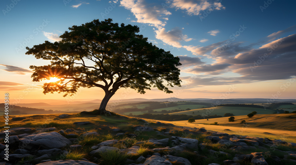 Naklejka premium Beautiful bright colorful summer spring landscape with lonely tree on field, fresh green grass on meadow and blue sky with clouds