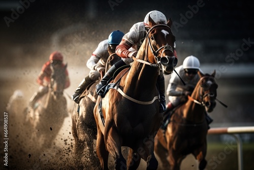 Horse racing, horses and jockeys battling for first position on the race