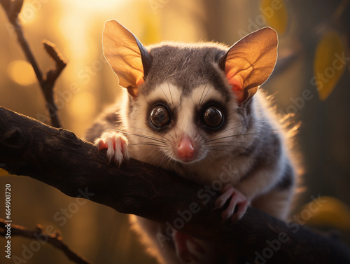 portrait of a sugar glider clinging to a branch