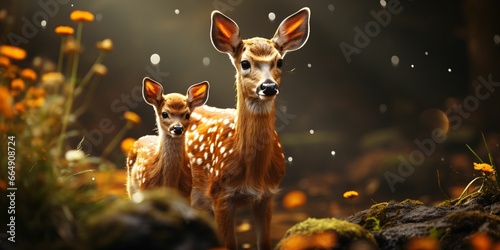 Deer and Fawn With a Blurry Forest Background © Resdika