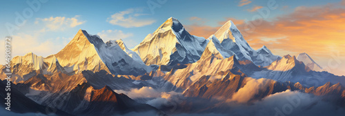 panorama of the Himalayas at sunrise, golden light spilling over craggy peaks, alpenglow, scattered snow, deep blue sky, expansive scale