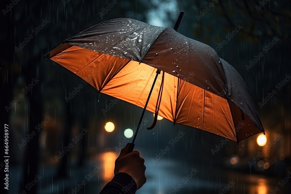 Open an umbrella on a rainy day. It's raining. Stretch out your hand to catch the rain