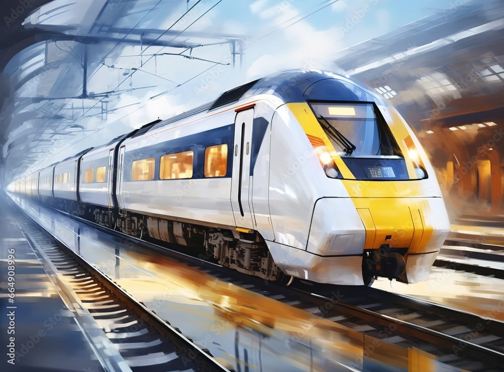 Naklejka premium illustration of a fast train in a semi-realistic style. Generative Ai