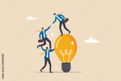 Help support team to success together, teamwork partnership to collaboration, leadership or manager to help employee reaching goal concept, businessmen help colleagues to climb up lightbulb idea. photo