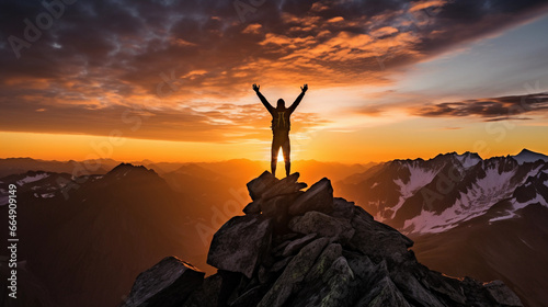 silhouette of a solo climber reaching the summit, arms raised in triumph, vibrant sunset in the background
