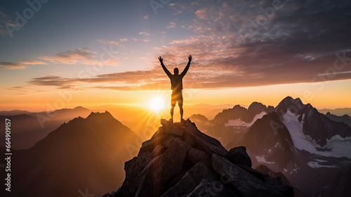 silhouette of a solo climber reaching the summit  arms raised in triumph  vibrant sunset in the background