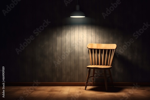 photo of an ancient chair under the spotlight from above. Generative AI