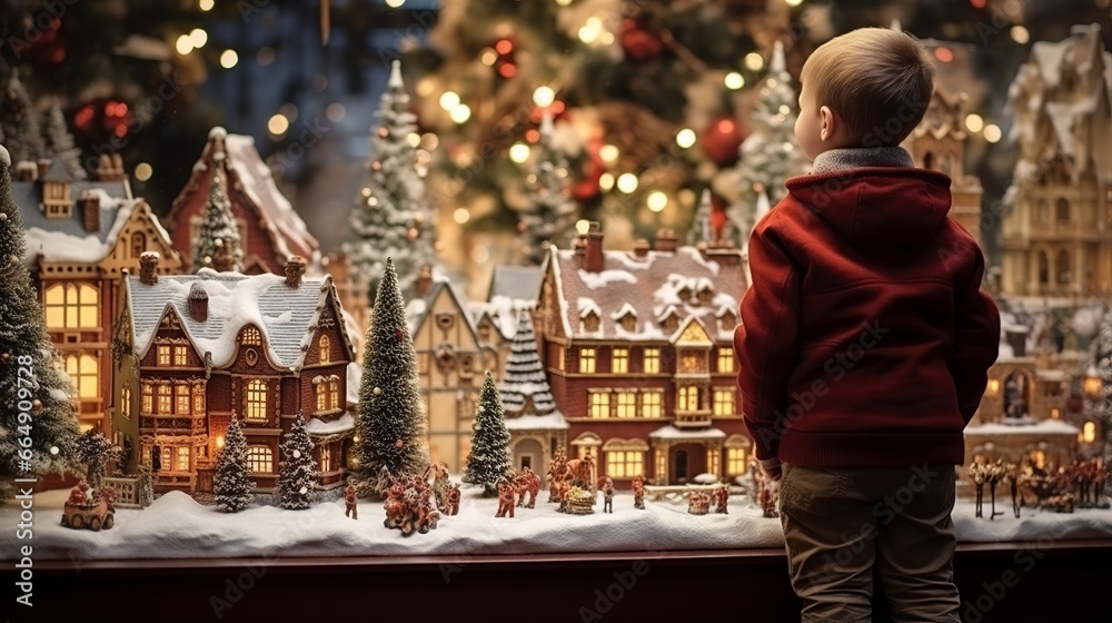 Fascinated child engaging with vibrant Christmas displays in a shop window