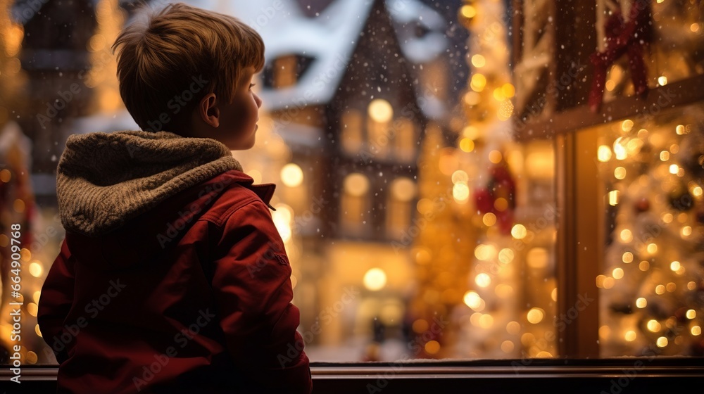 Inquisitive child exploring the magical world of Christmas displays in store windows