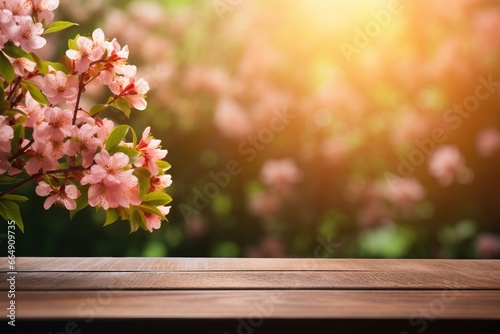 Spring  flowers background with empty wooden table 