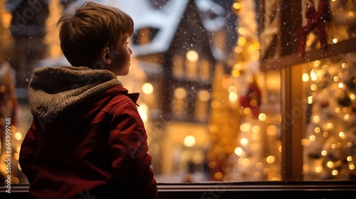 Inquisitive child exploring the magical world of Christmas displays in store windows © miriam artgraphy