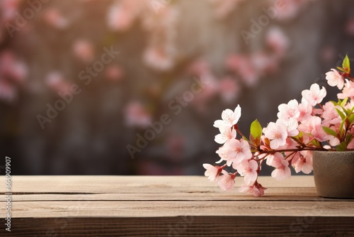 Spring, flowers background with empty wooden table,