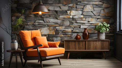 Beige lounge chair near orange loveseat sofa against wood and stone paneling wall. Mid-century style home interior design of modern living room © master graphics 