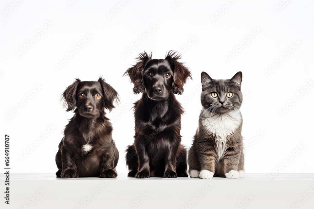 dogs and cats sitting in a row, white background, pet concept, white background