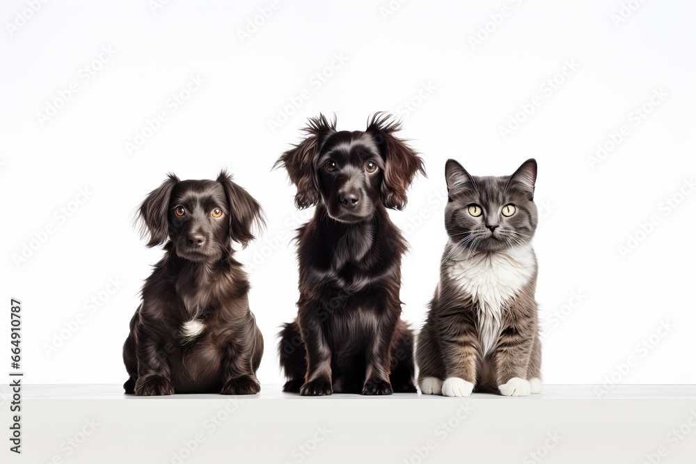 Fototapeta premium dogs and cats sitting in a row, white background, pet concept, white background