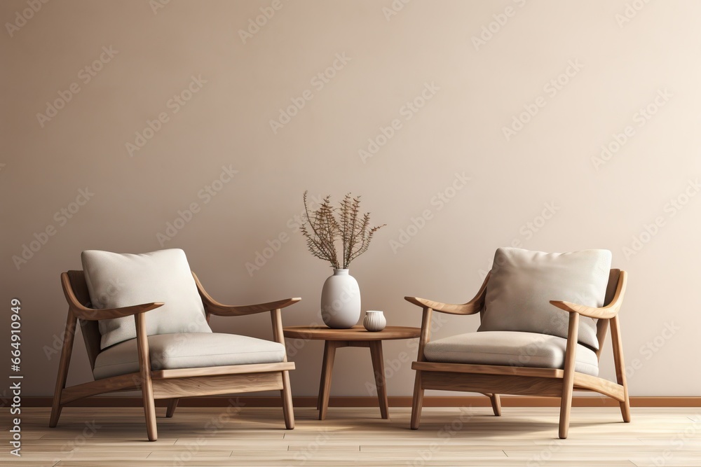 Beige lounge chairs and a round coffee table are attached. Home interior design of modern living room Beige lounge chairs and a round coffee table are attached. Home interior design of modern living room