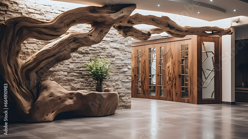 Big decorative stone and wooden tree trunk wall decor in luxury hallway. Rustic decorated home interior design of modern entrance hall with door in chic villa © master graphics 